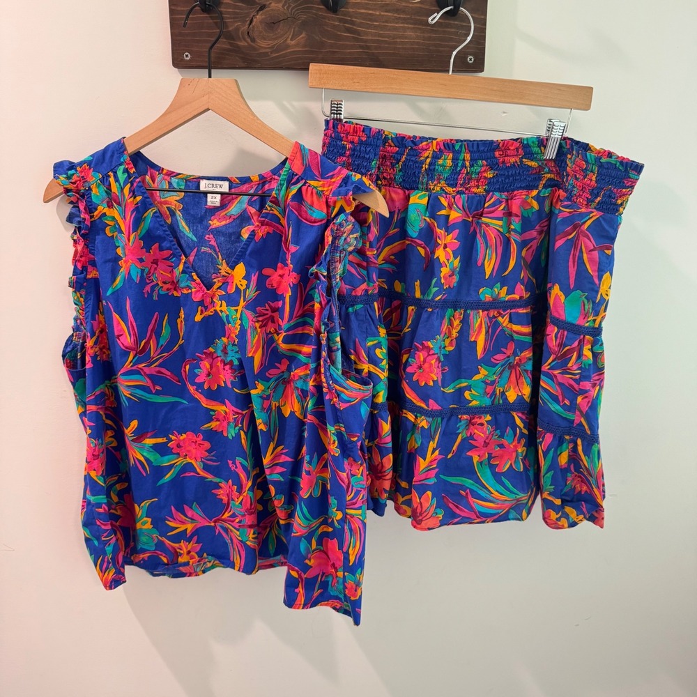 J.Crew Womens 2X Tropical Floral Matching Set Top and Tiered Skirt BR770 Blue